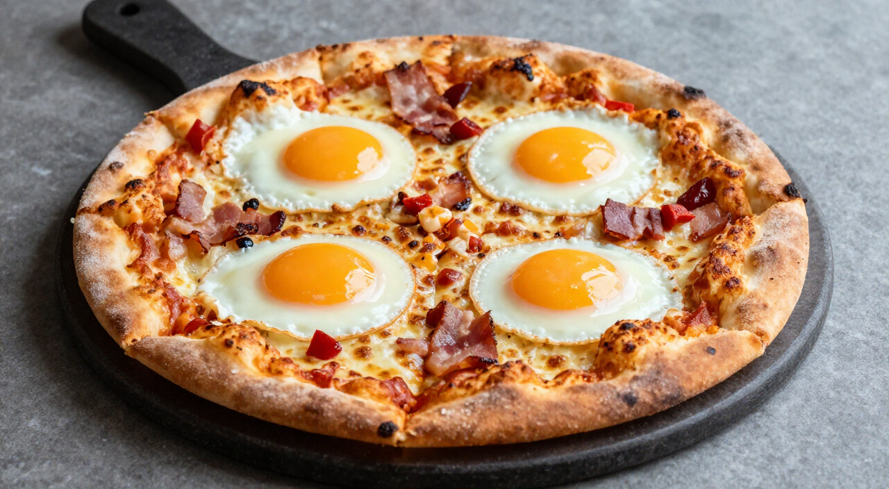 baked breakfast pizza with four set eggs and a blistered golden crust