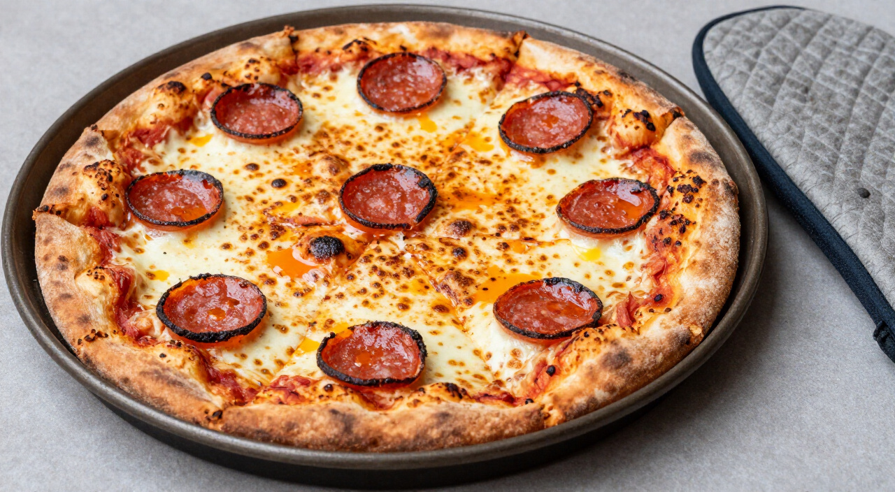 baked pepperoni pan pizza with bubbling cheese and a crisp crust