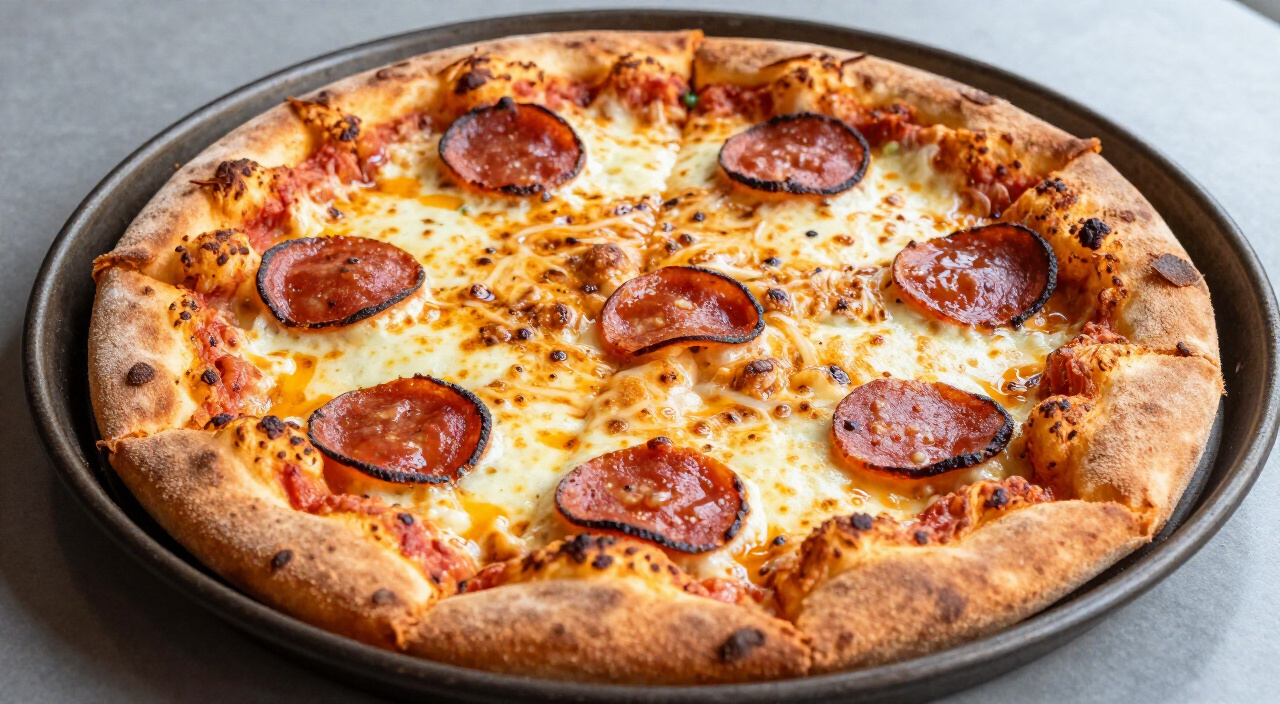 baked pepperoni pizza with a crispy lacy cheese edge in a dark round pan