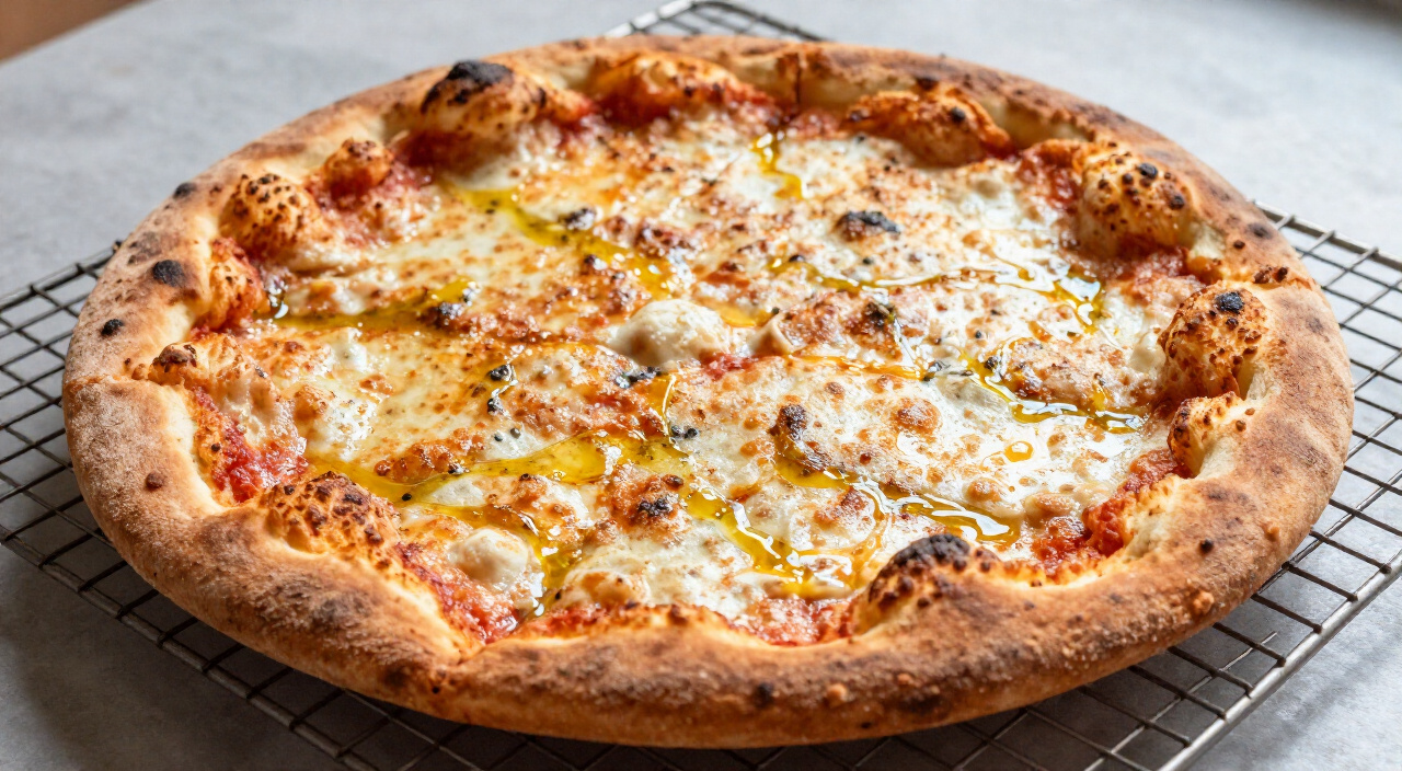 blistered golden-brown gluten free pizza crust cooling on a wire rack