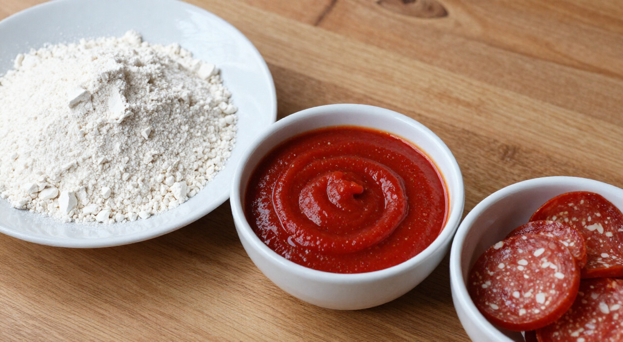 bread flour, tomato sauce and sliced pepperoni in bowls for copycat Little Caesars pizza