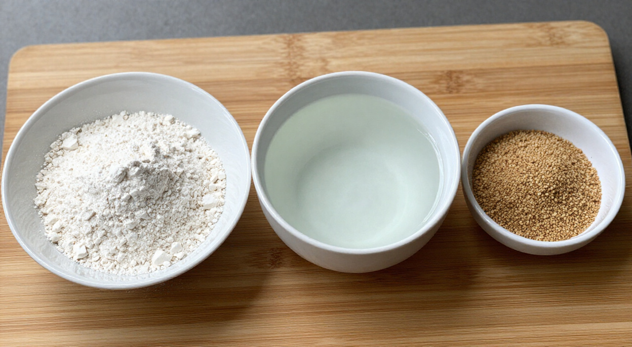 bread flour, warm water and instant yeast in separate bowls on a wooden cutting board