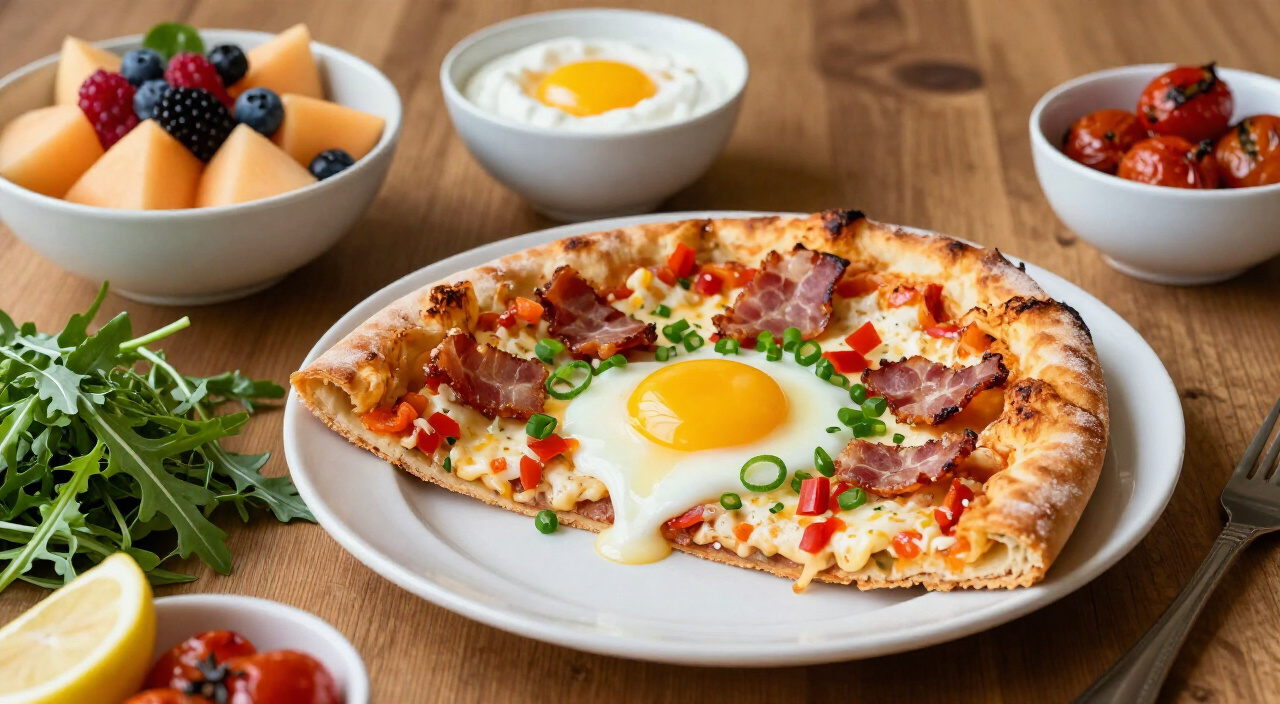 Breakfast pizza wedge with arugula salad, melon-berry salad, honey yogurt and roasted cherry tomatoes