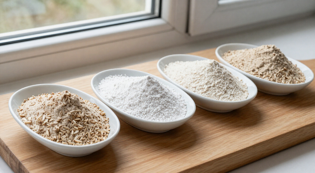 brown rice flour, tapioca starch, potato starch and psyllium husk powder on a wooden cutting board