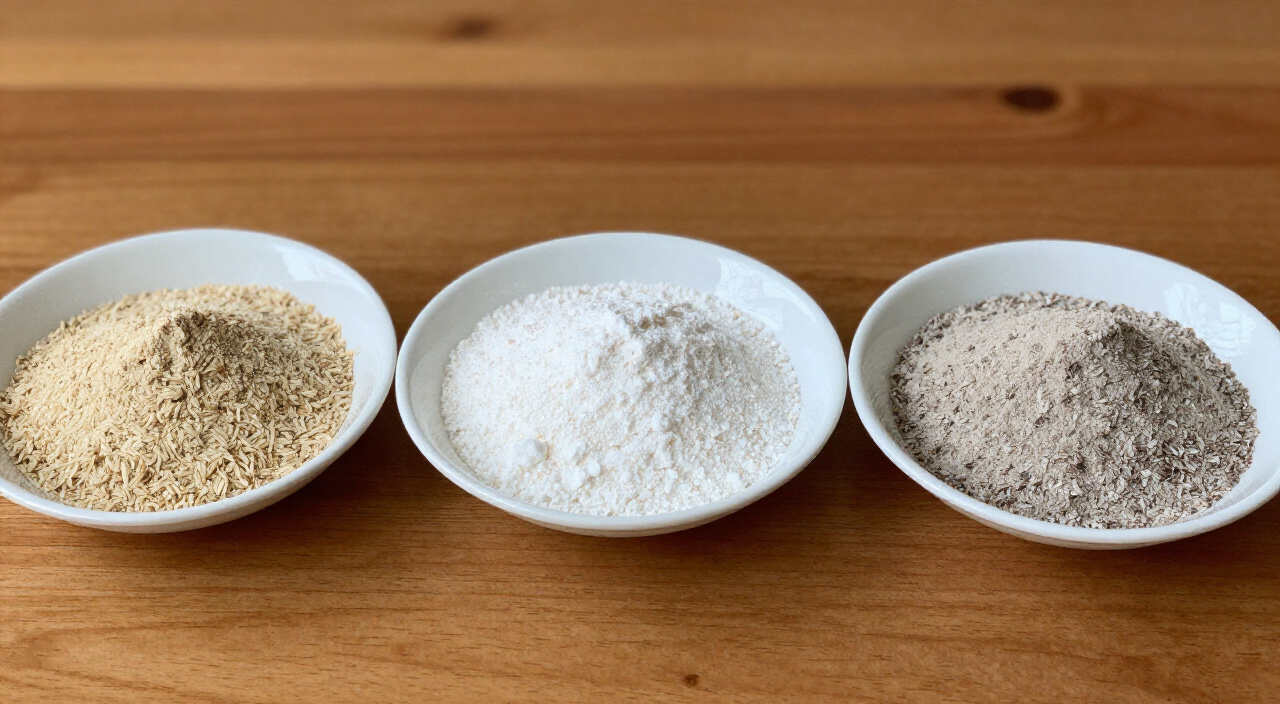 brown rice flour, tapioca starch and psyllium husk powder in shallow saucers for gluten free pizza dough