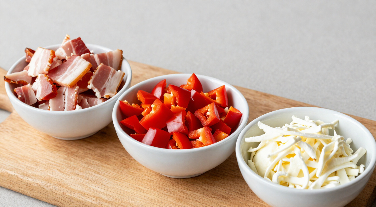 Chopped bacon, diced red bell pepper and shredded mozzarella in bowls on a wooden board