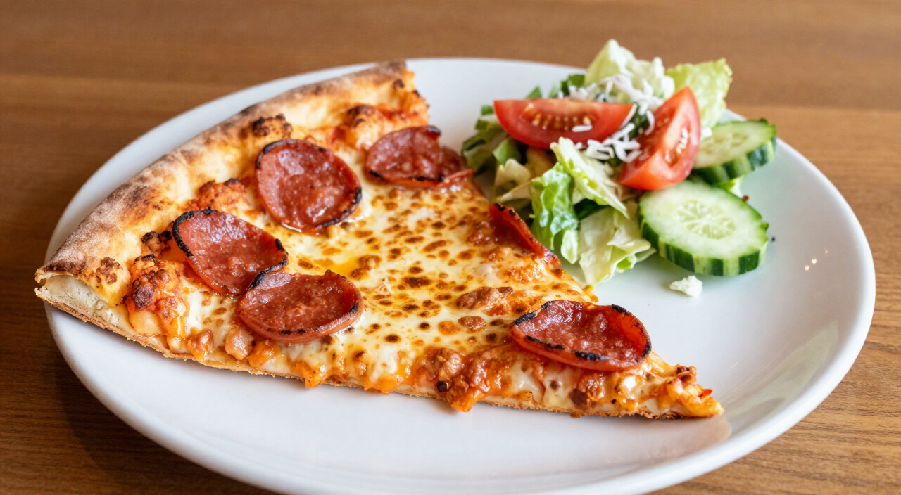 Copycat Little Caesars pepperoni pizza slice plated with Caesar salad and cucumber tomato salad