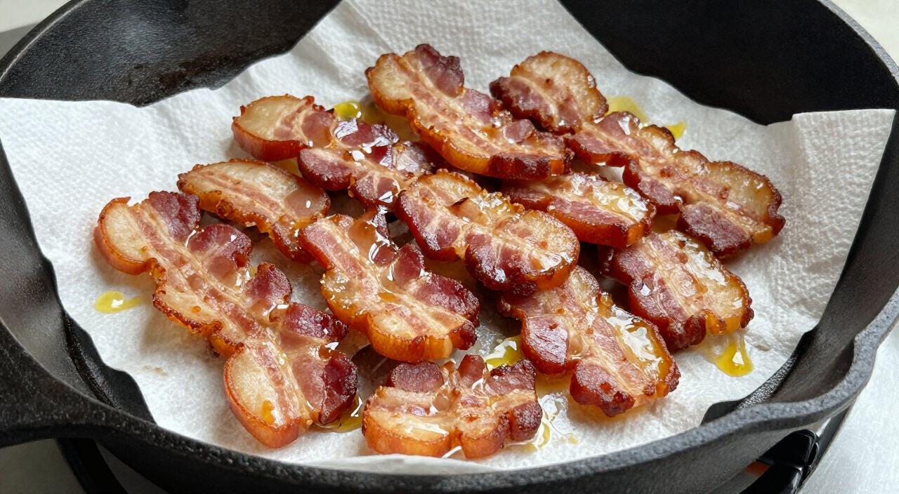 crisp chopped bacon draining on paper towels next to a cast-iron skillet with rendered fat