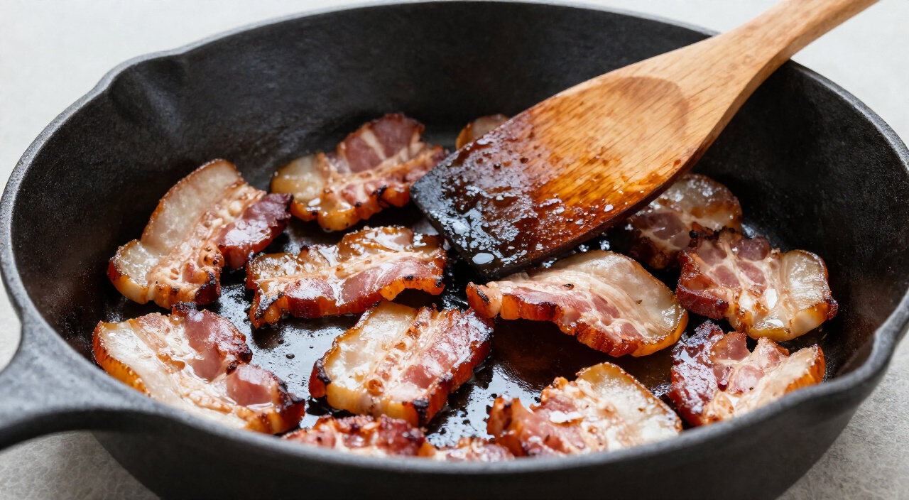 crisp chopped bacon pieces in a cast-iron skillet with a wooden spatula