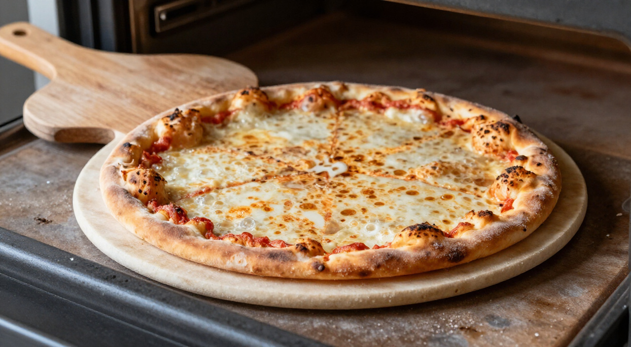 deep golden-brown blistered gluten free pizza crust baking on a pizza stone