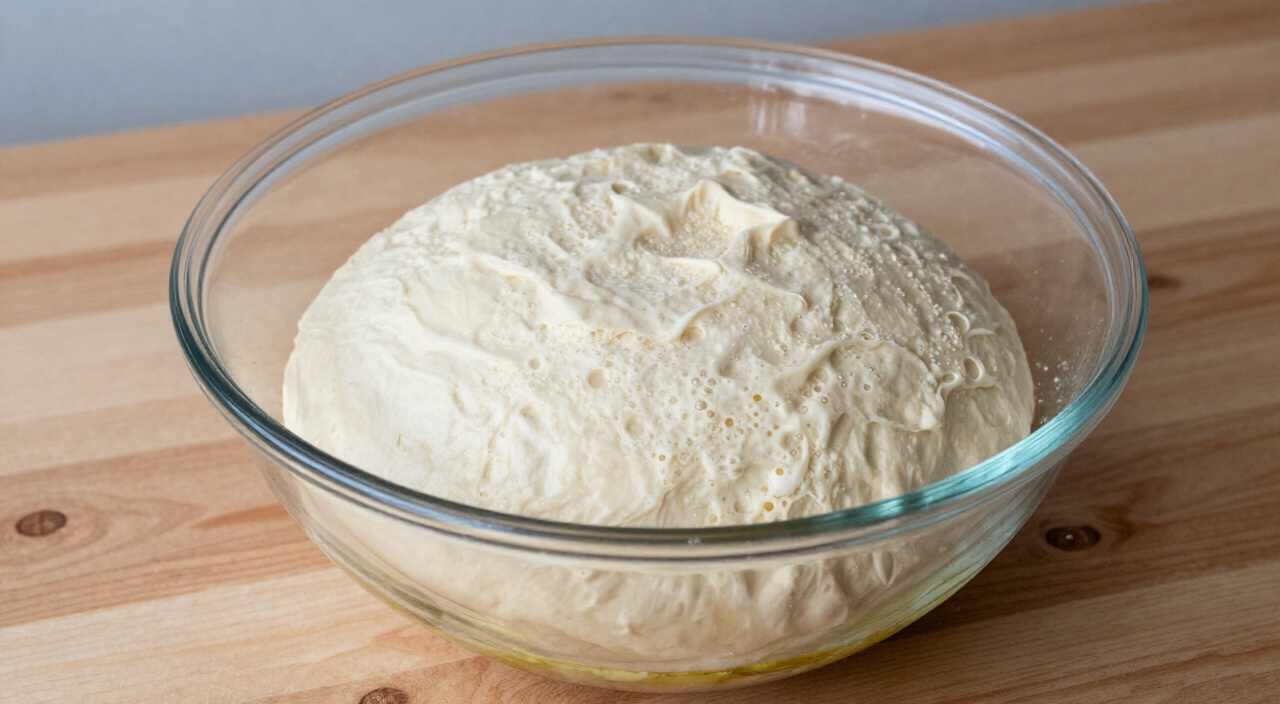 doubled pizza dough risen in a glass mixing bowl