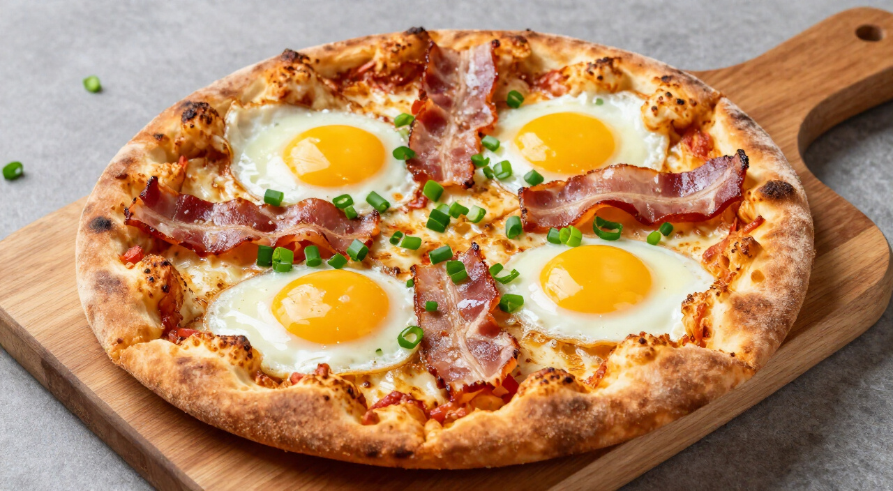 finished breakfast pizza topped with sliced green onions on a wooden board
