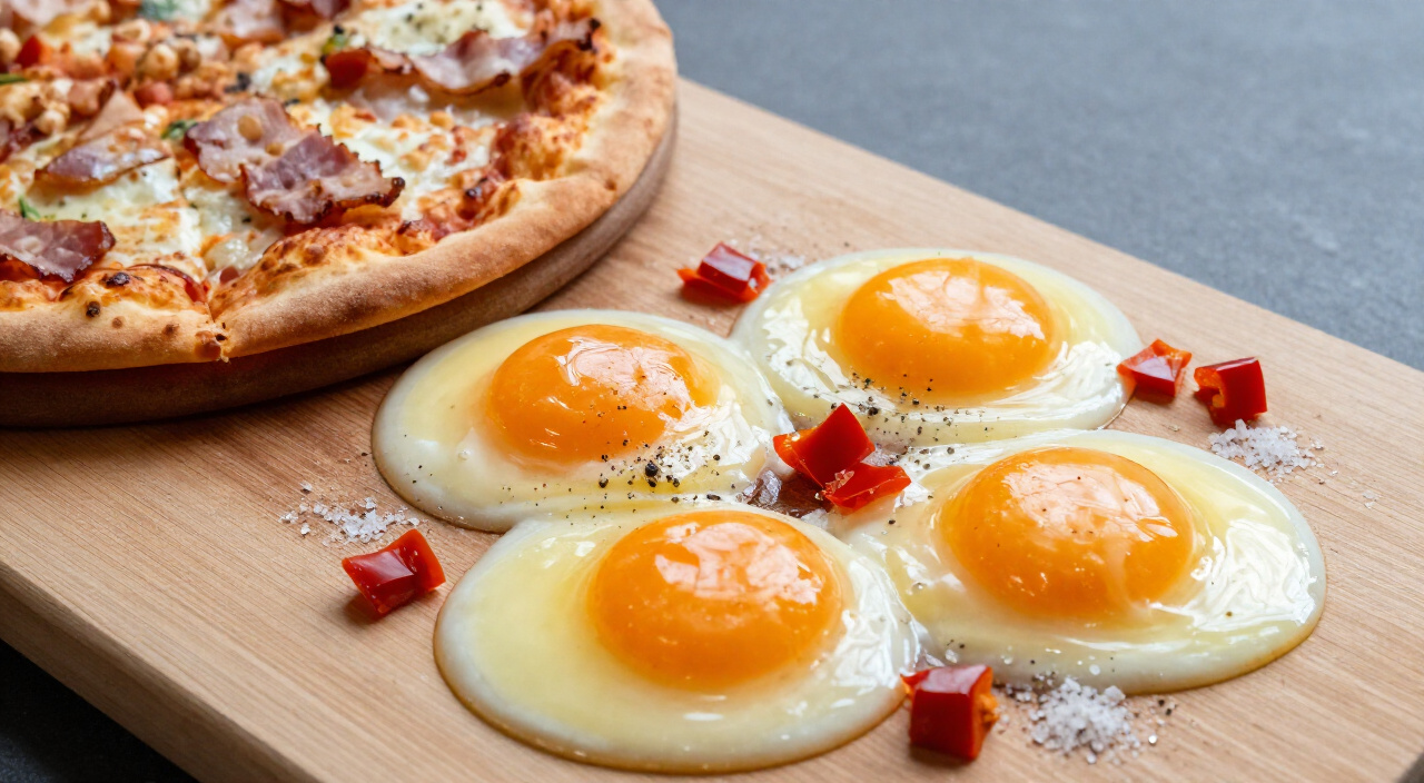 four raw eggs cracked into wells on a melted cheese breakfast pizza