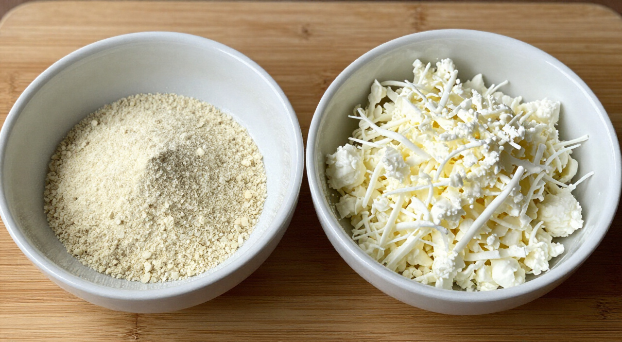 garlic powder and shredded low-moisture mozzarella in bowls on a wooden cutting board