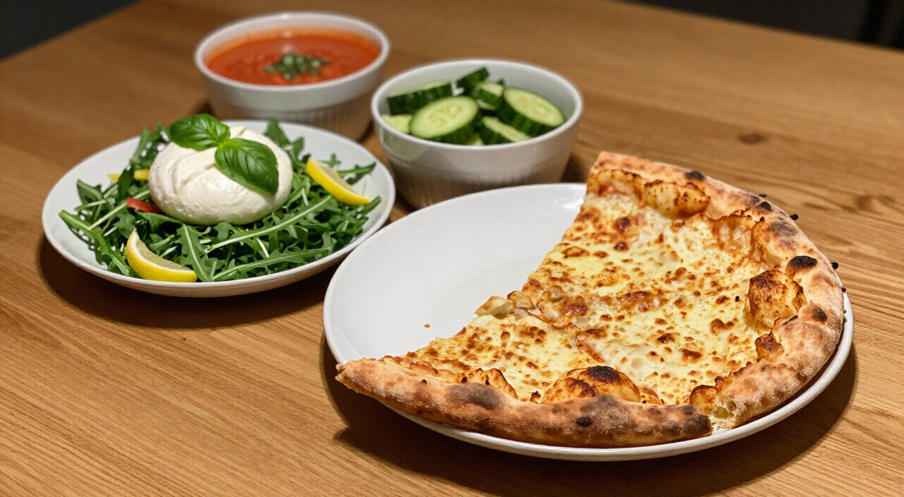 Gluten free pizza crust wedges plated with arugula salad, burrata, cucumber salad and tomato soup