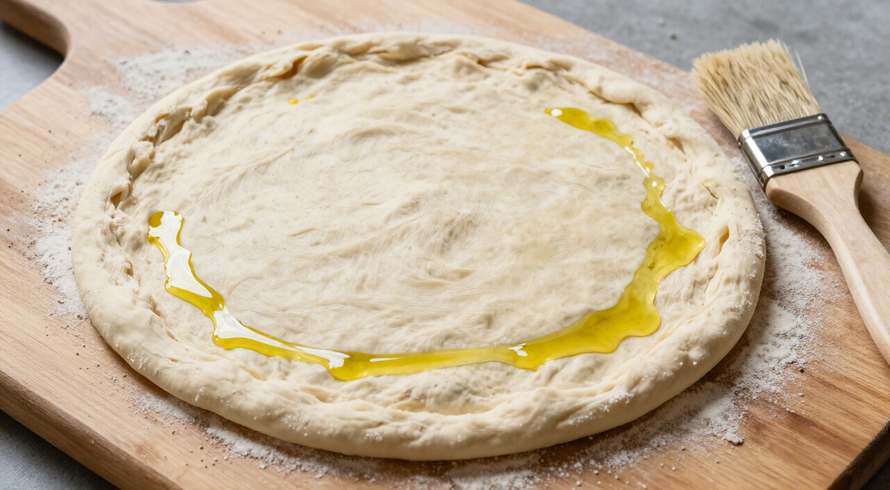 gluten free pizza dough brushed with glossy olive oil on a wooden peel
