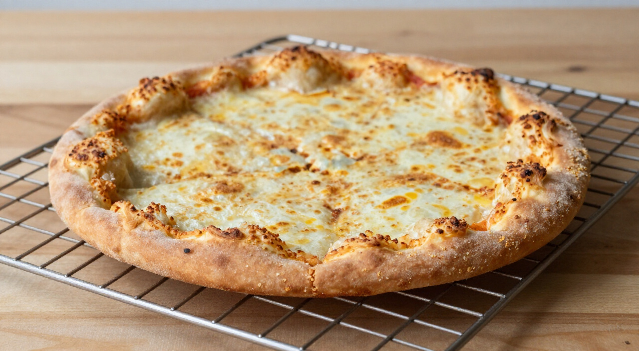 golden-brown gluten free pizza crust cooling on a wire rack