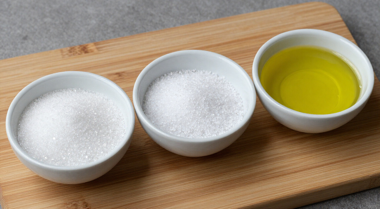 granulated sugar, fine sea salt and olive oil in separate bowls on a wooden cutting board