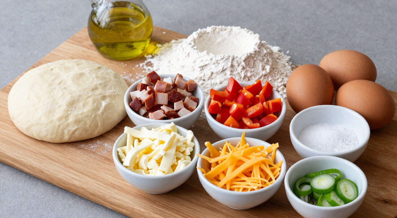 ingredients for breakfast pizza measured into small bowls, including dough, bacon, cheese, eggs and green onions