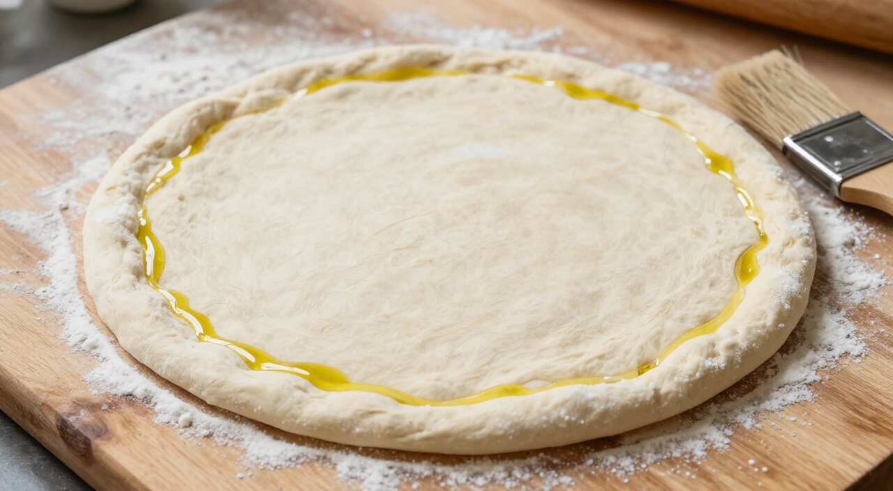 olive oil brushed on the rim of raw pizza dough with a pastry brush