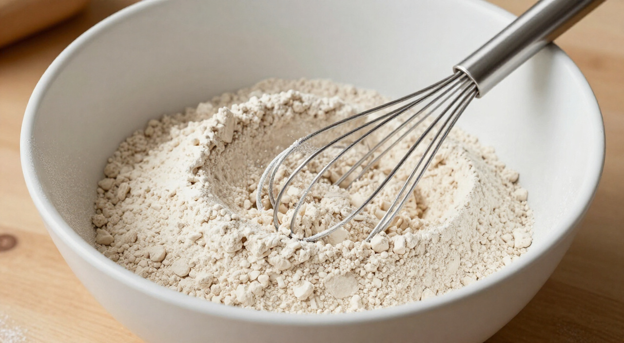 pale gluten free flour blend whisked together in a white mixing bowl