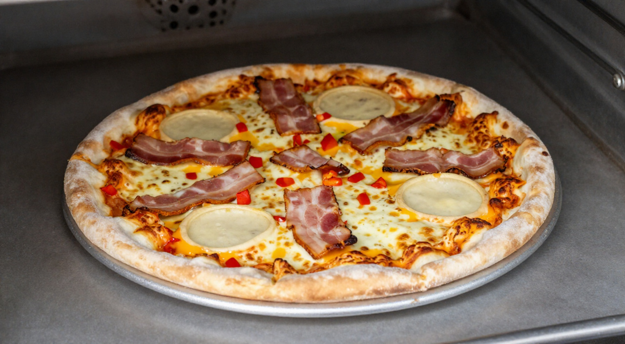 par-baked breakfast pizza with melted cheese and four empty wells on a pizza stone
