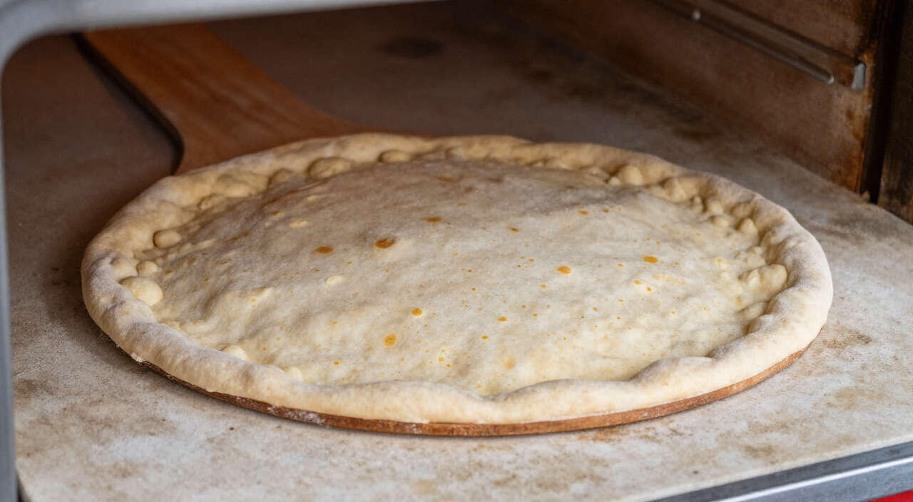par-baked gluten free pizza crust with pale golden spots on a pizza stone