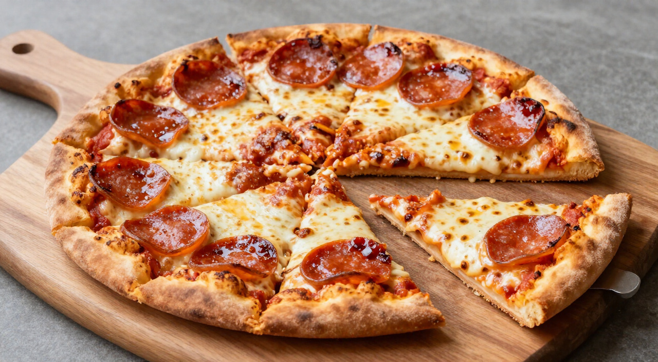 pepperoni pizza cut into eight slices on a wooden board