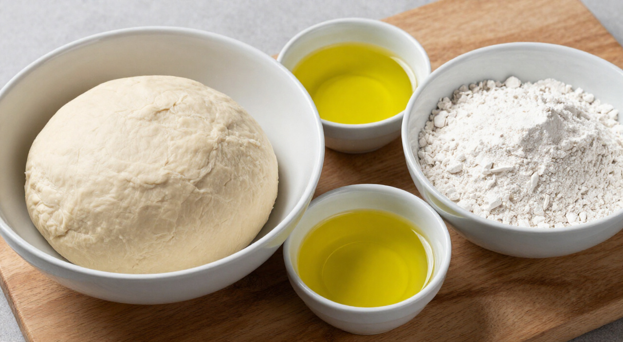 Pizza dough, extra-virgin olive oil and all-purpose flour on a wooden board