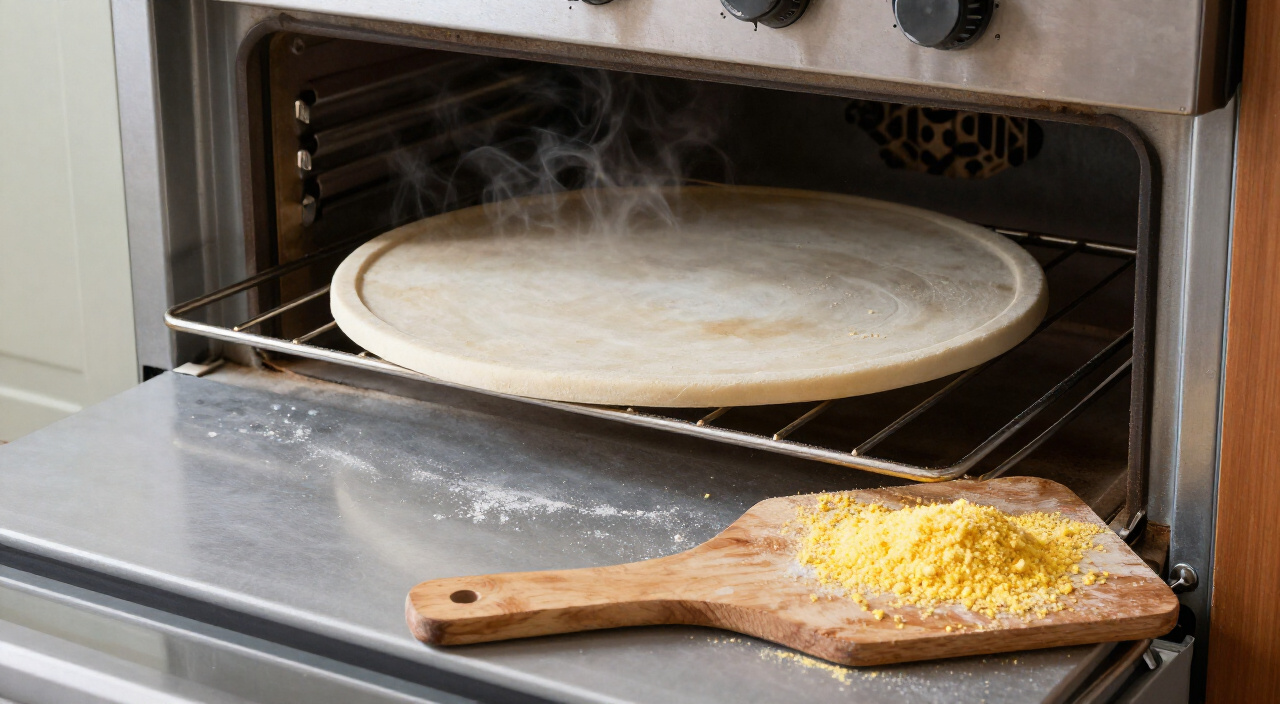 pizza stone heating on the lower oven rack with a cornmeal-dusted wooden peel beside it