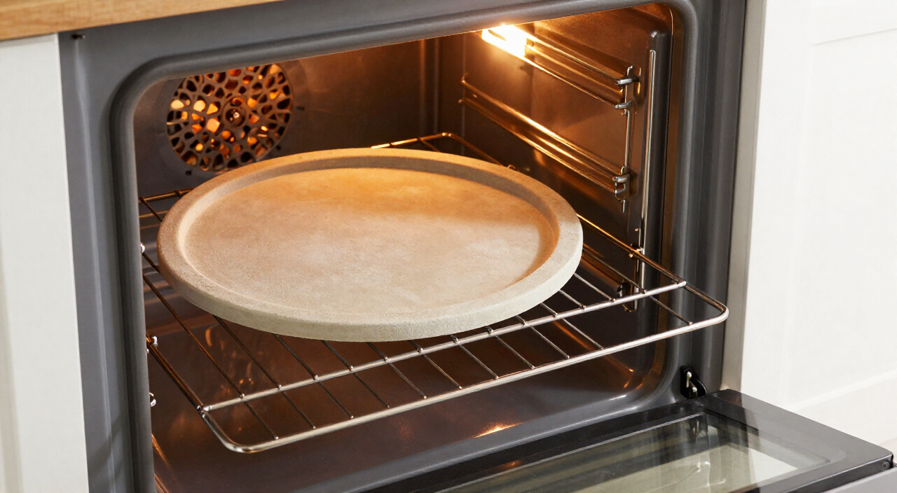 pizza stone preheating on the lower rack of a hot oven