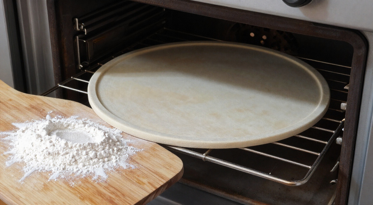 preheated pizza stone in an open oven beside a flour-dusted wooden pizza peel