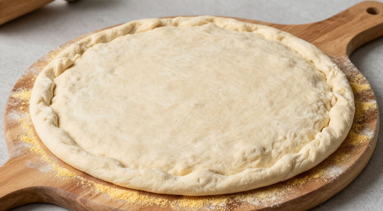 raw gluten free pizza dough round on a cornmeal-dusted wooden peel