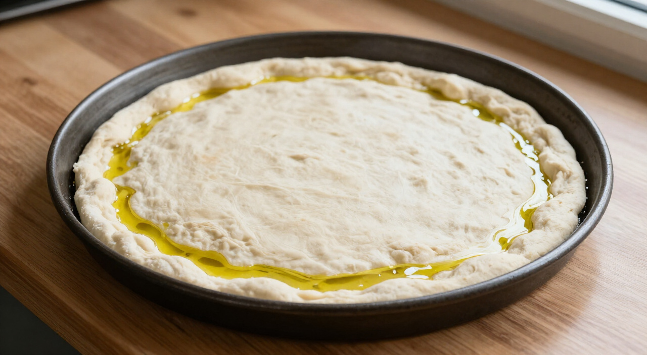 raw pizza dough pressed into an oiled dark round pizza pan