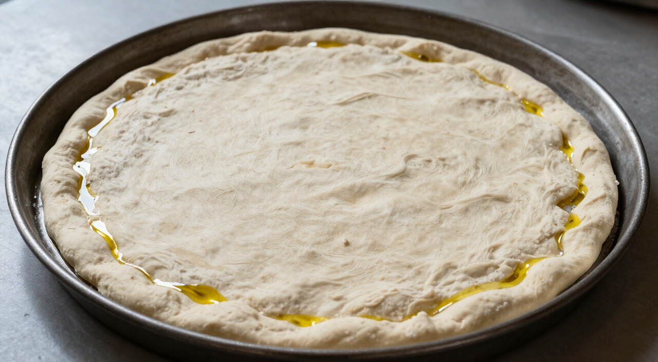 raw pizza dough pressed into an oiled round pizza pan