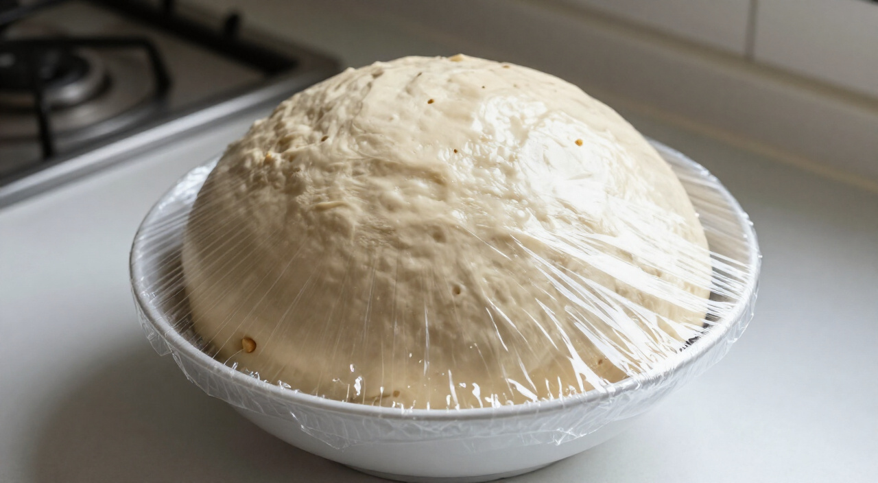 risen gluten free pizza dough in a bowl covered with clear plastic wrap