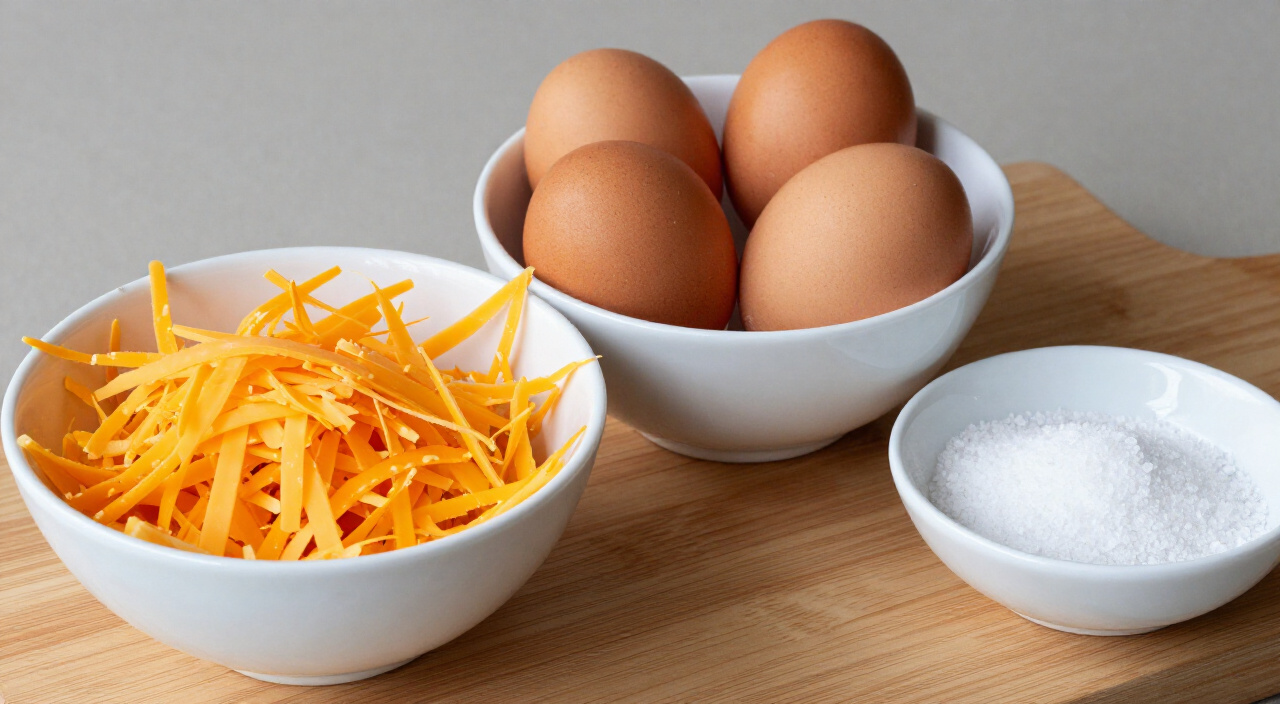 Shredded cheddar, whole eggs and kosher salt in bowls on a wooden board