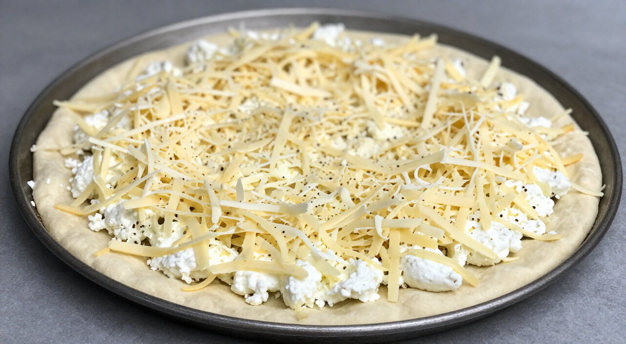 shredded mozzarella and Muenster cheese over sauced pizza dough