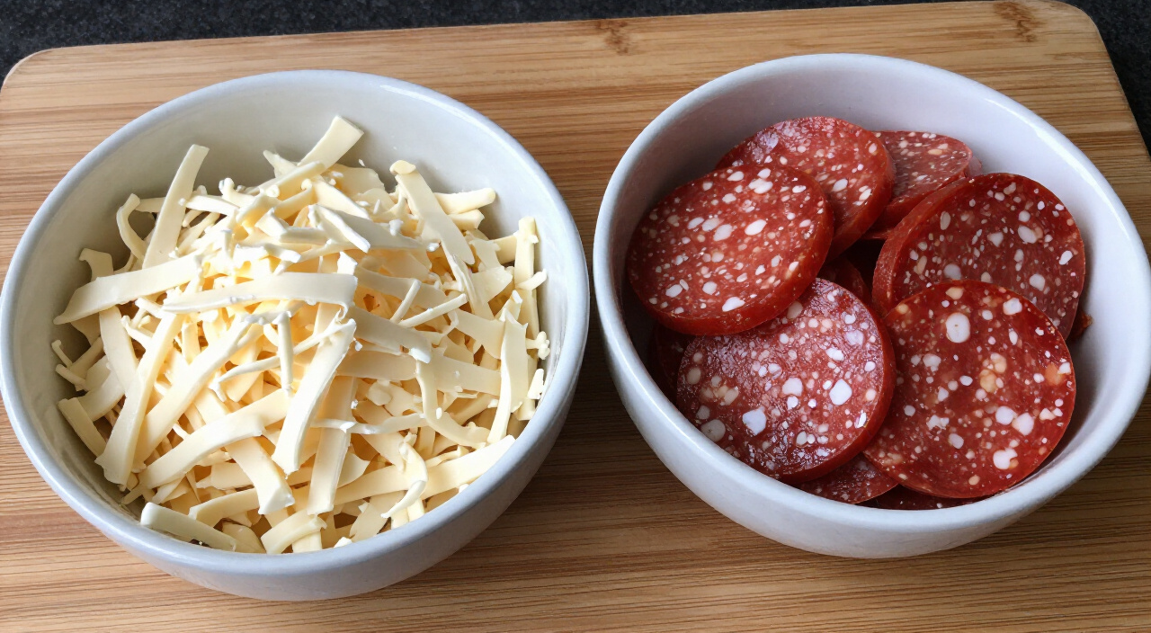 shredded Muenster cheese and sliced pepperoni rounds in bowls on a wooden cutting board