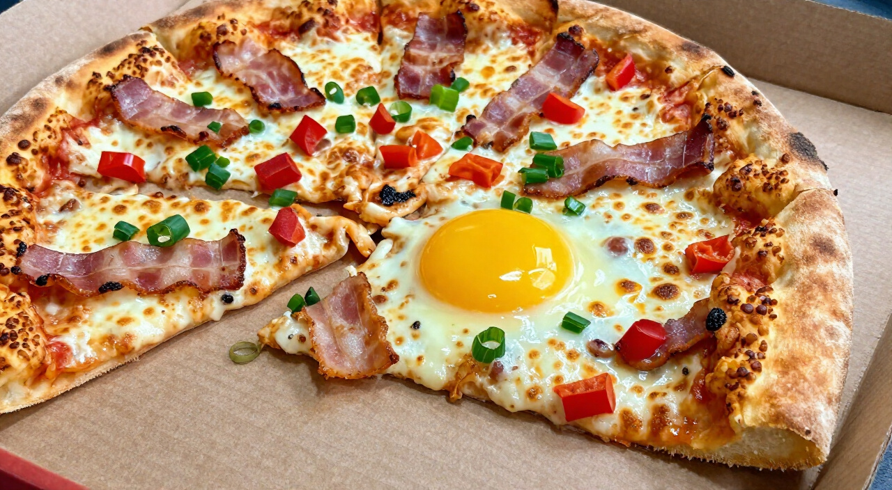 sliced breakfast pizza with one wedge pulled out beside a pizza wheel