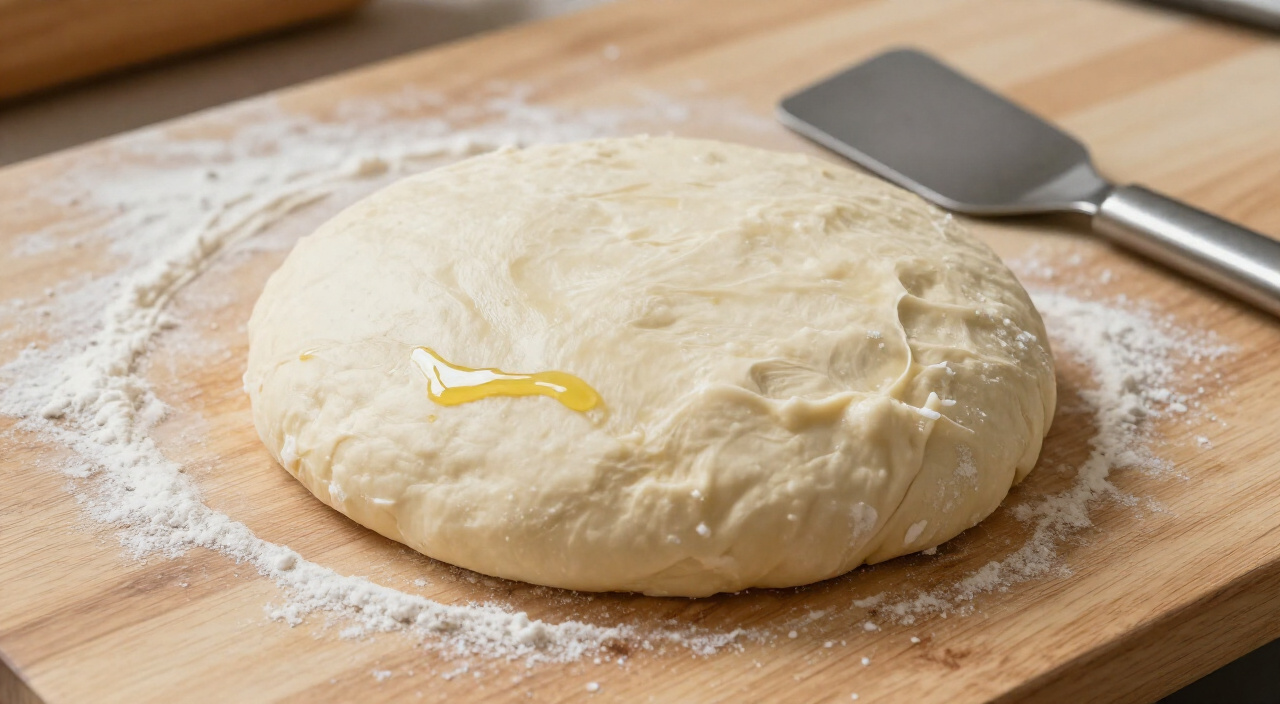 smooth ball of kneaded pizza dough on a floured wooden counter