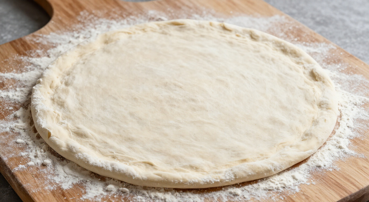 stretched raw pizza dough round on a floured wooden peel