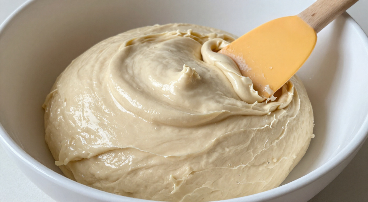thick sticky gluten free pizza dough in a mixing bowl with a spatula