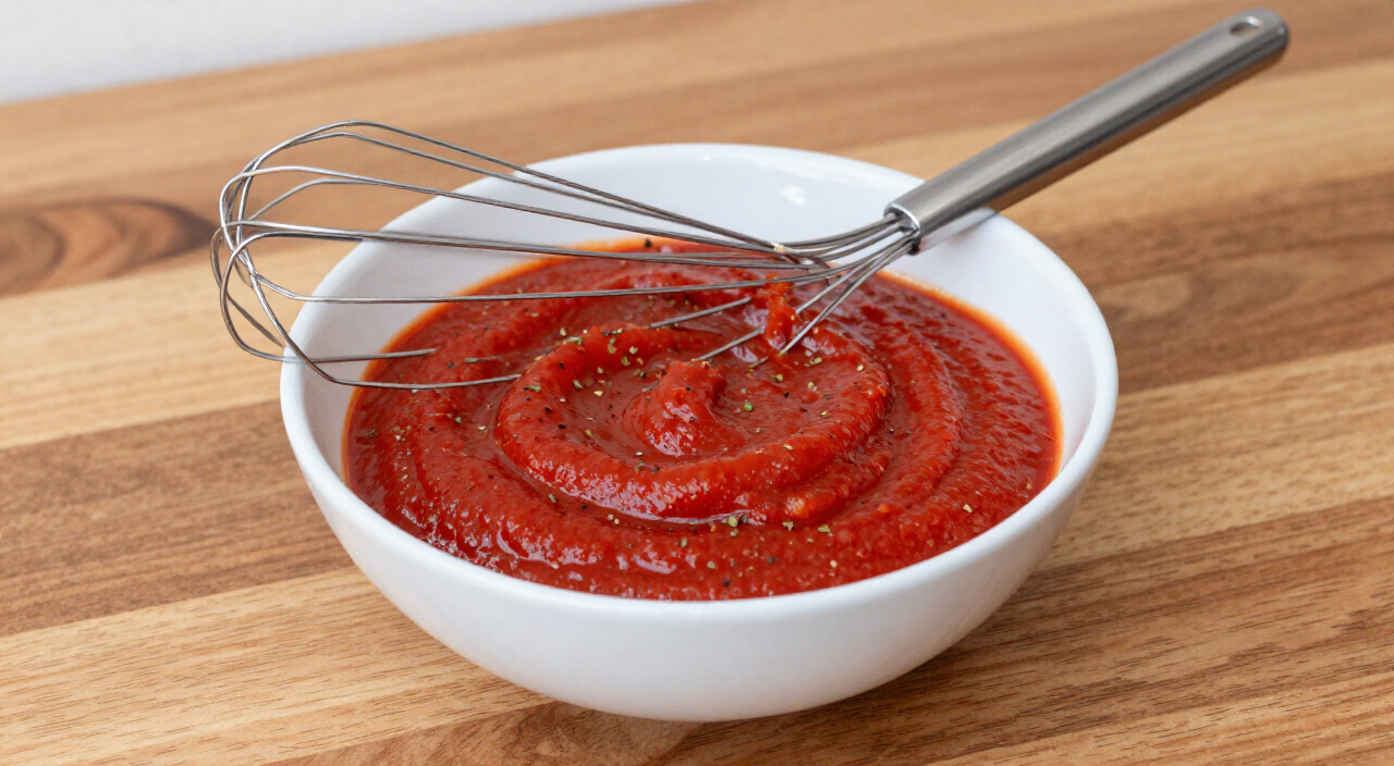 thick tomato pizza sauce with dried oregano in a white bowl