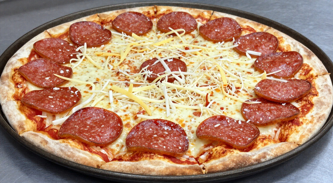 thin pepperoni rounds layered over unbaked cheese pizza in a pan