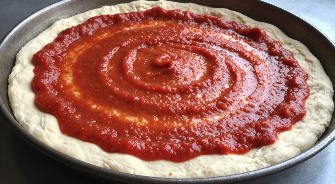 tomato sauce spread over raw pizza dough in a round pan