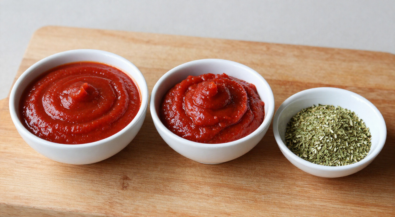 tomato sauce, tomato paste and dried oregano in separate bowls on a wooden cutting board