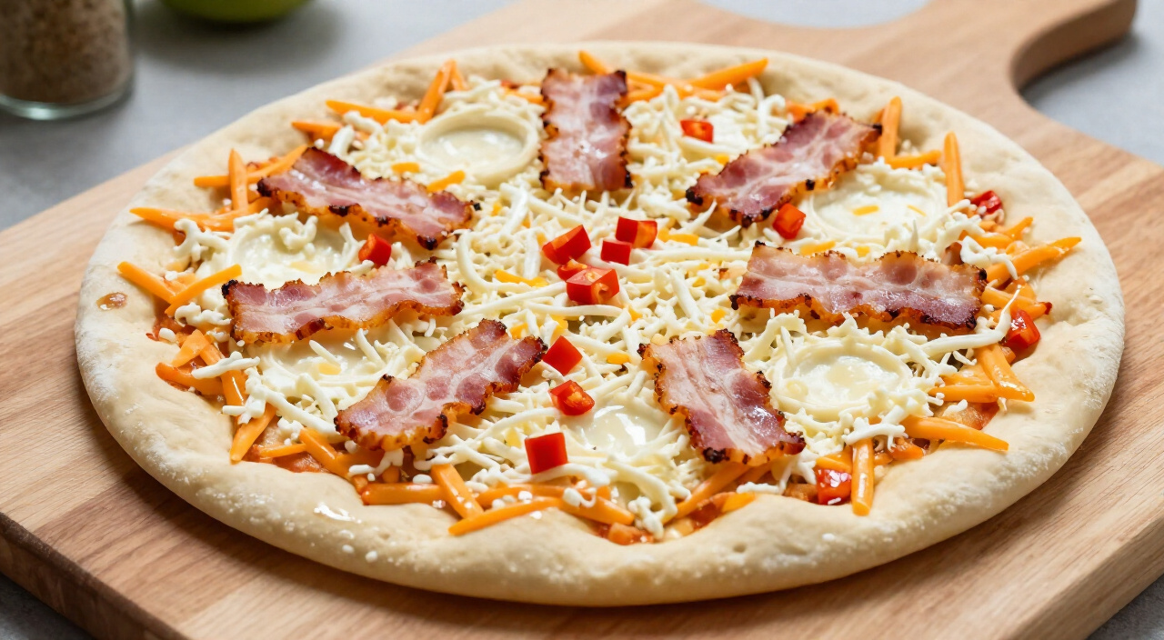 unbaked breakfast pizza with cheese, bacon and red pepper with four open wells