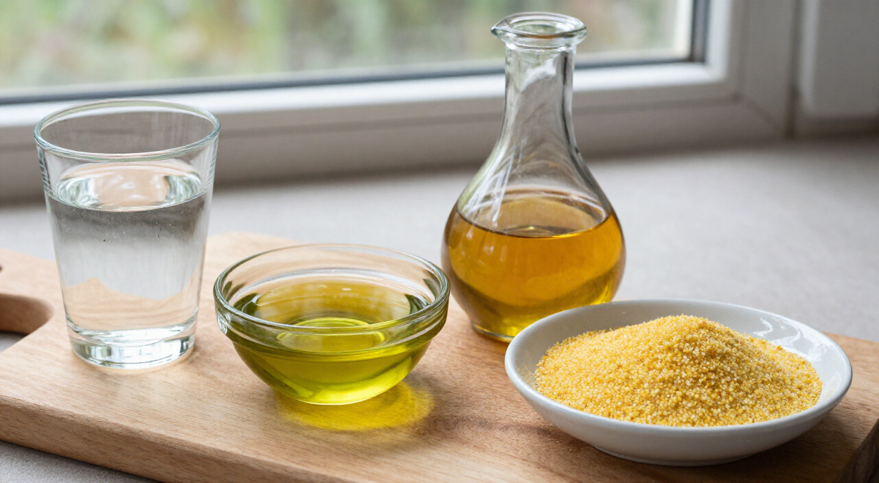warm water, olive oil, apple cider vinegar and fine cornmeal on a wooden cutting board
