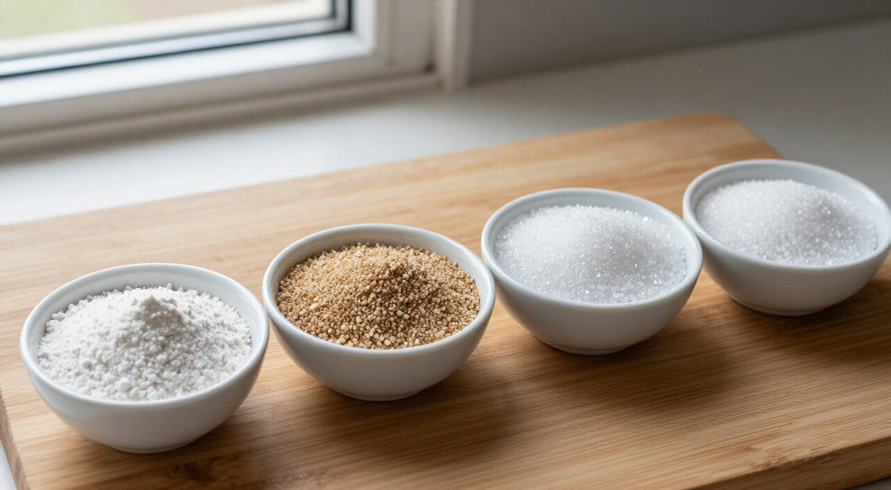 xanthan gum, instant yeast, granulated sugar and fine sea salt on a wooden cutting board
